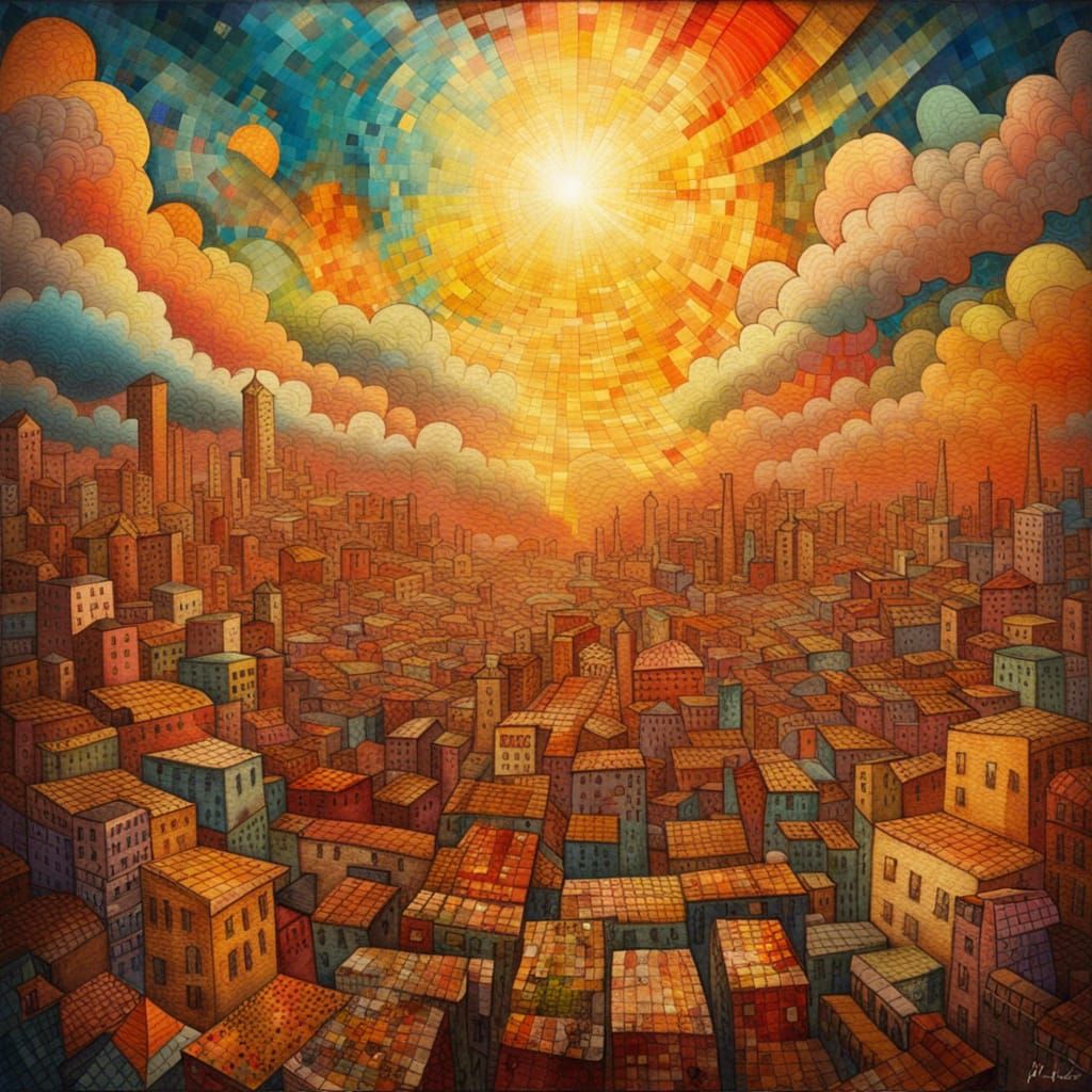 Futuristic Cityscape Suspended in Cloudy Sky