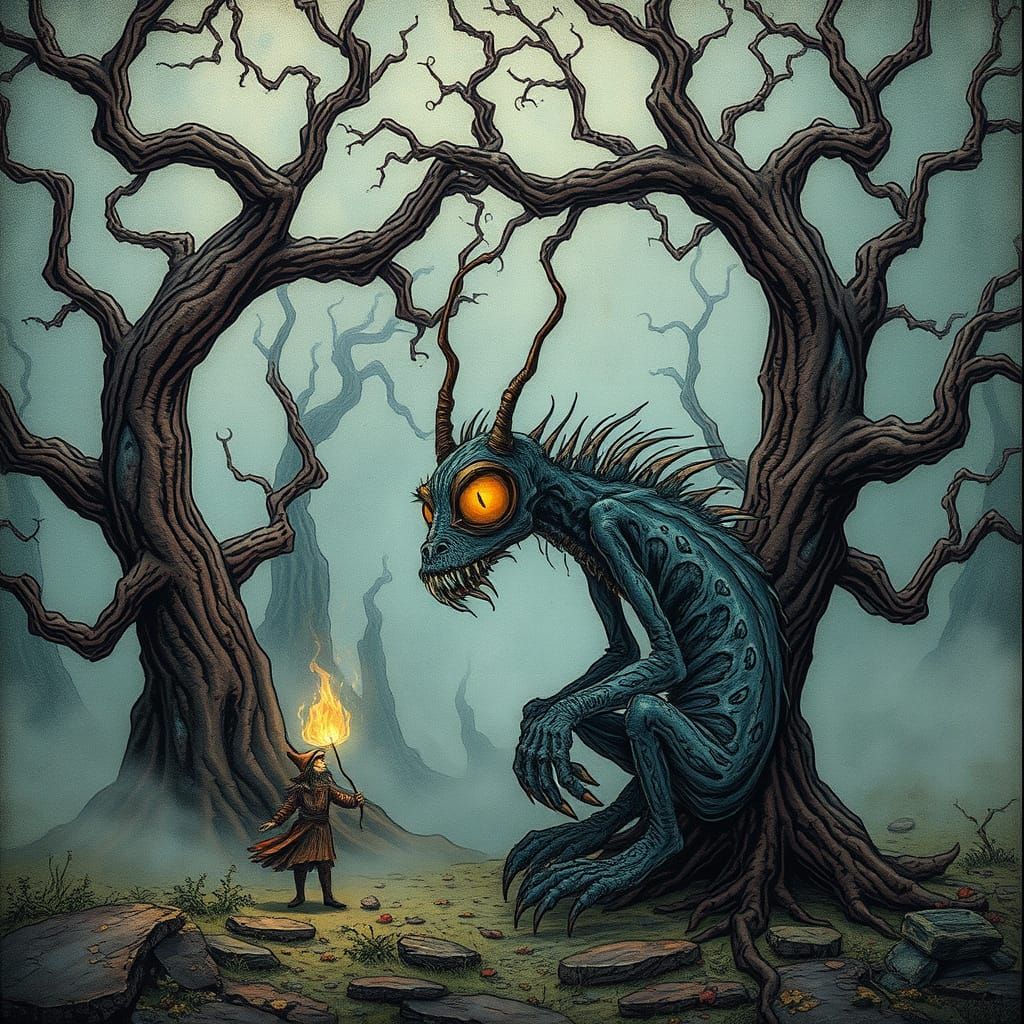 Whimsical Beast in Dreamlike Landscape