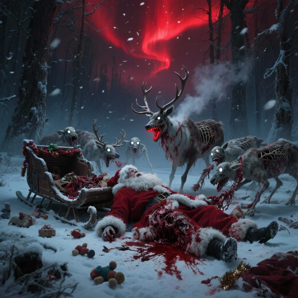 Dark Fantasy Horror: Santa's Demise Under Crimson Aurora