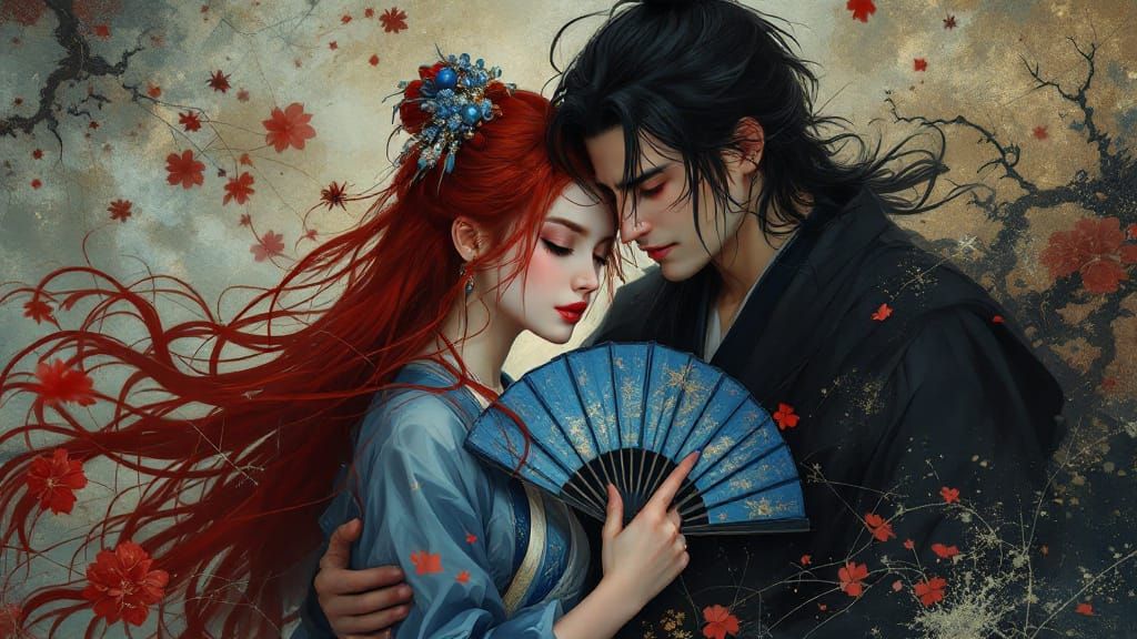 Mysterious Japanese Aristocrat with Red Hair and Samurai Com...