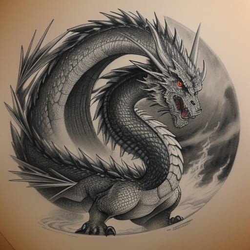 Majestic Japanese Dragon Pencil Drawing