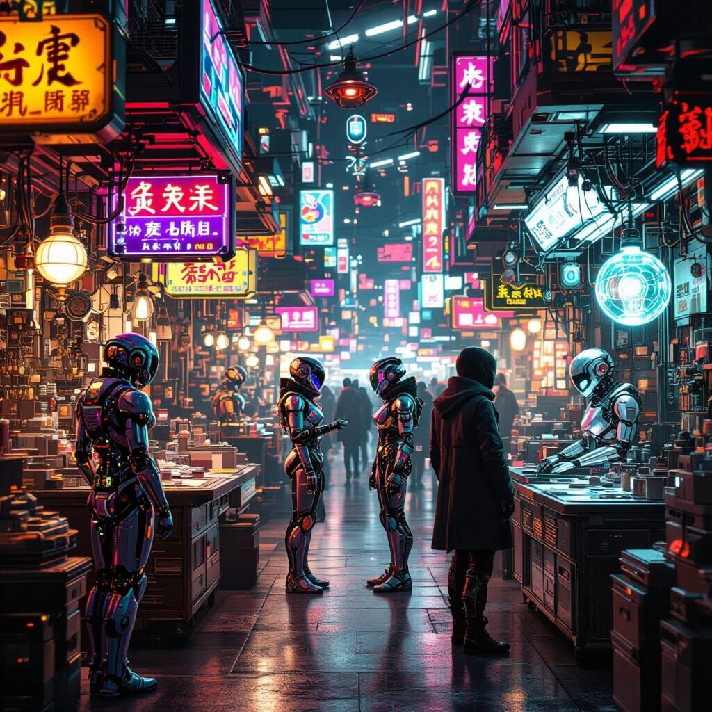 Retro-Futuristic Marketplace with Cybernetic Upgrades