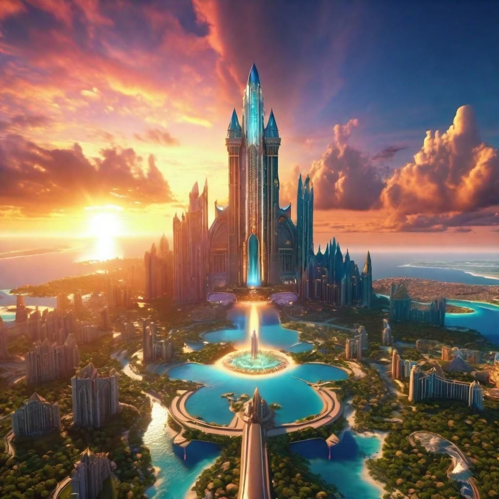 Photorealistic Aerial View of Futuristic Atlantis at Sunset
