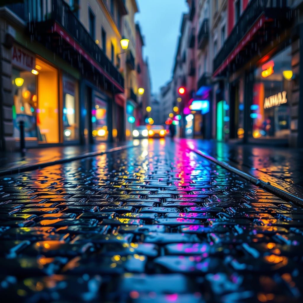 Rain-Kissed Cobblestone Street at Night