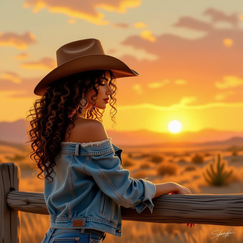 Latina Cowgirl Gazing at Sunset, Digital Airbrushed Realism