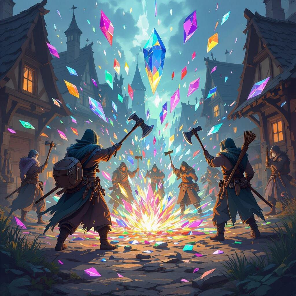 Fantasy Villagers Amidst Diamond Shard Explosion