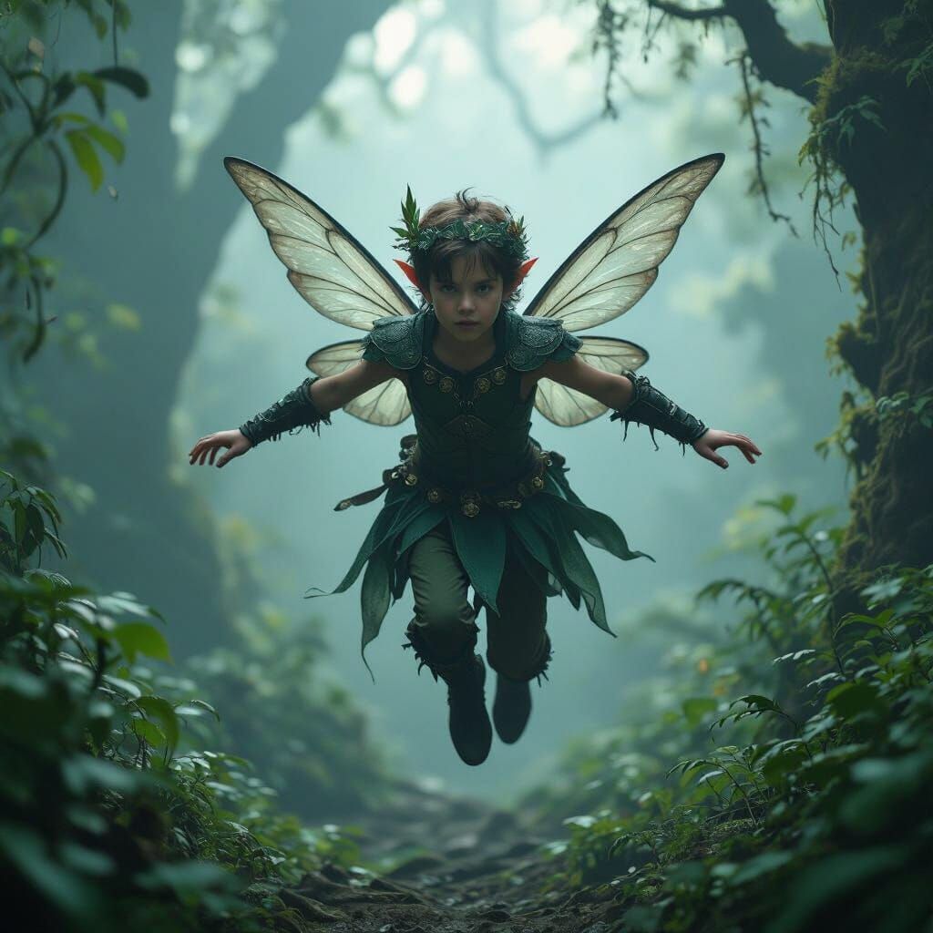Epic Cinematic Scene of a Fairy Boy Flying Through Forest