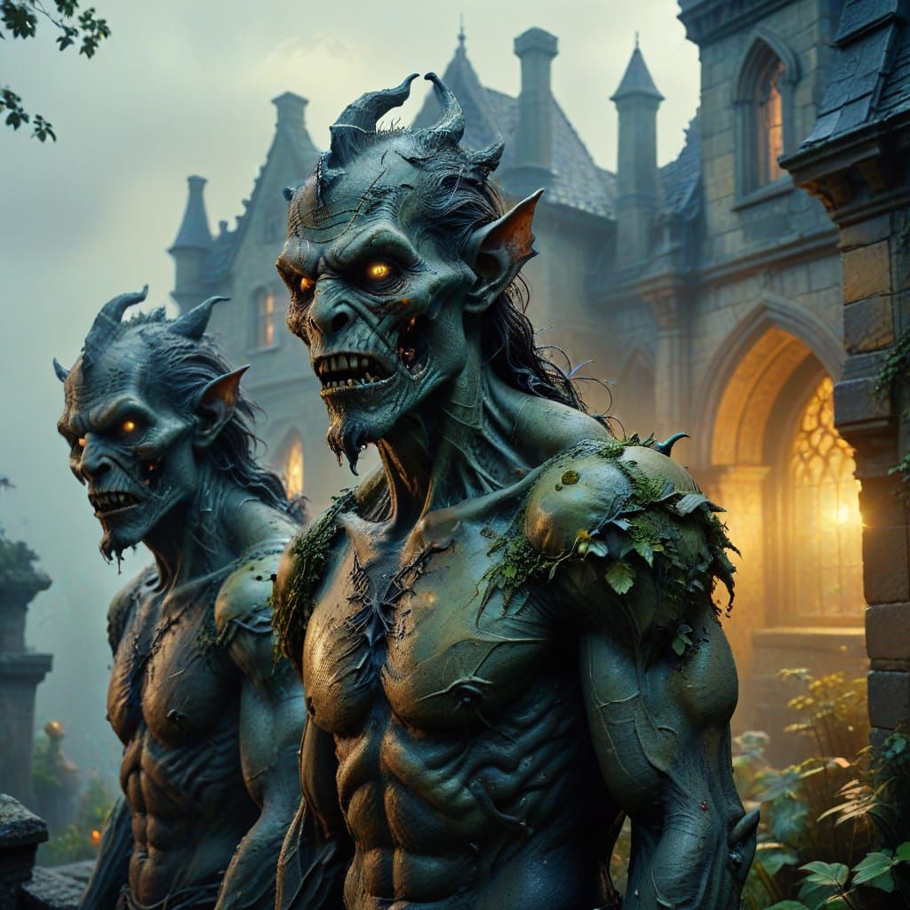 Zombies Approach Gothic Mansion in Expressionist Oil Paintin...