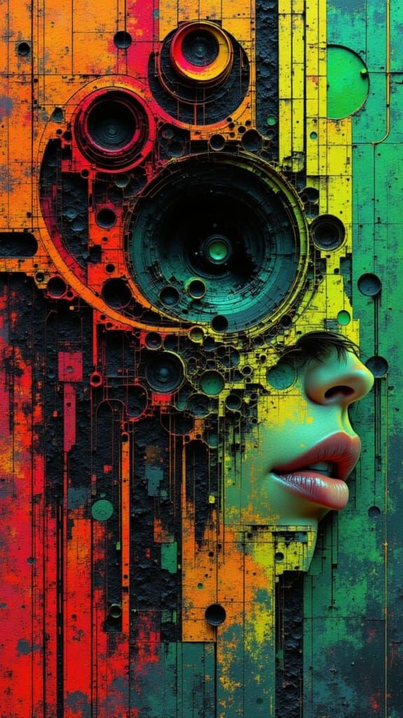 Complex Digital Structure with Glyphs in Cyberpunk Style