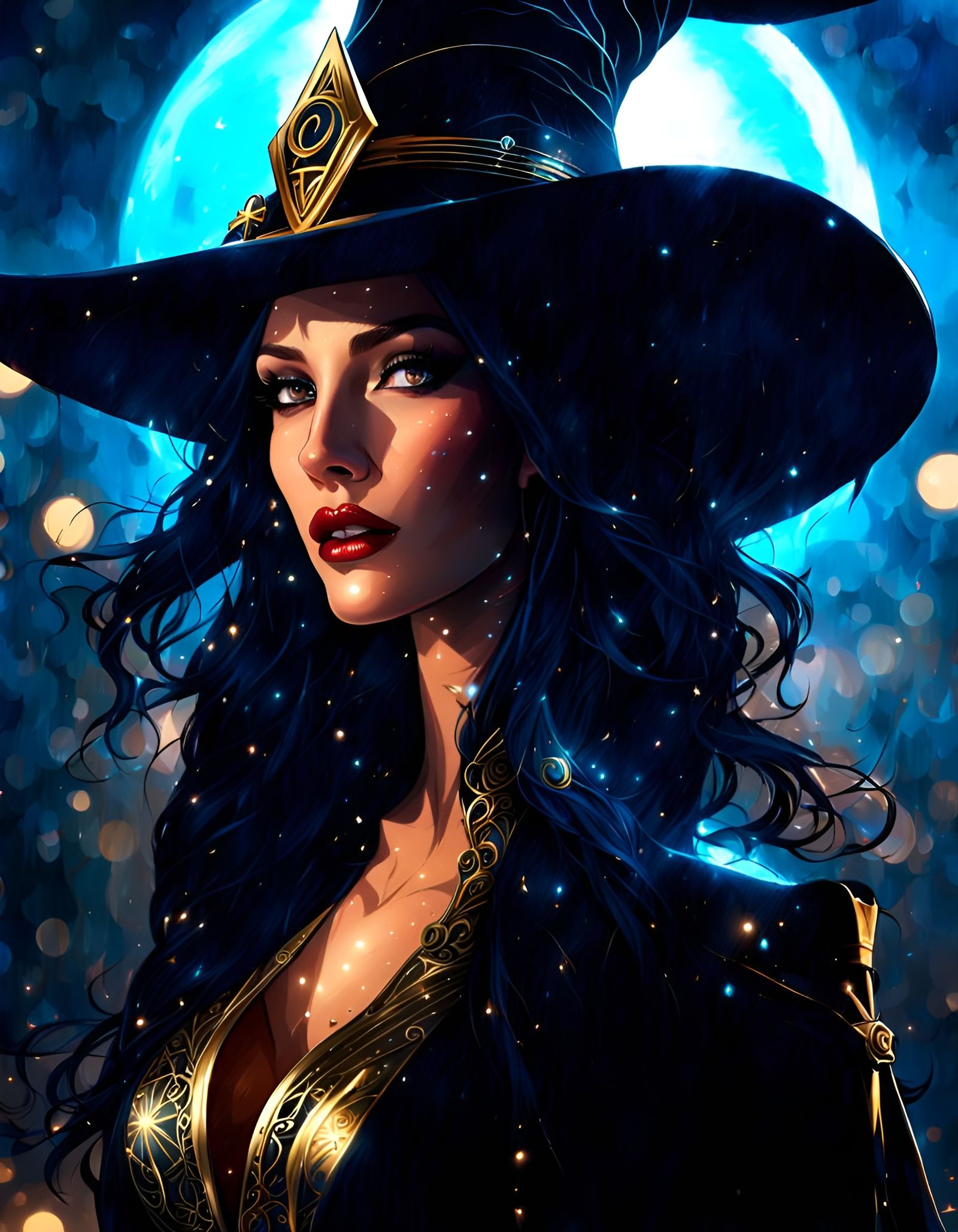 Enchanting Sorceress with Mystic Stars, Digital Illustration