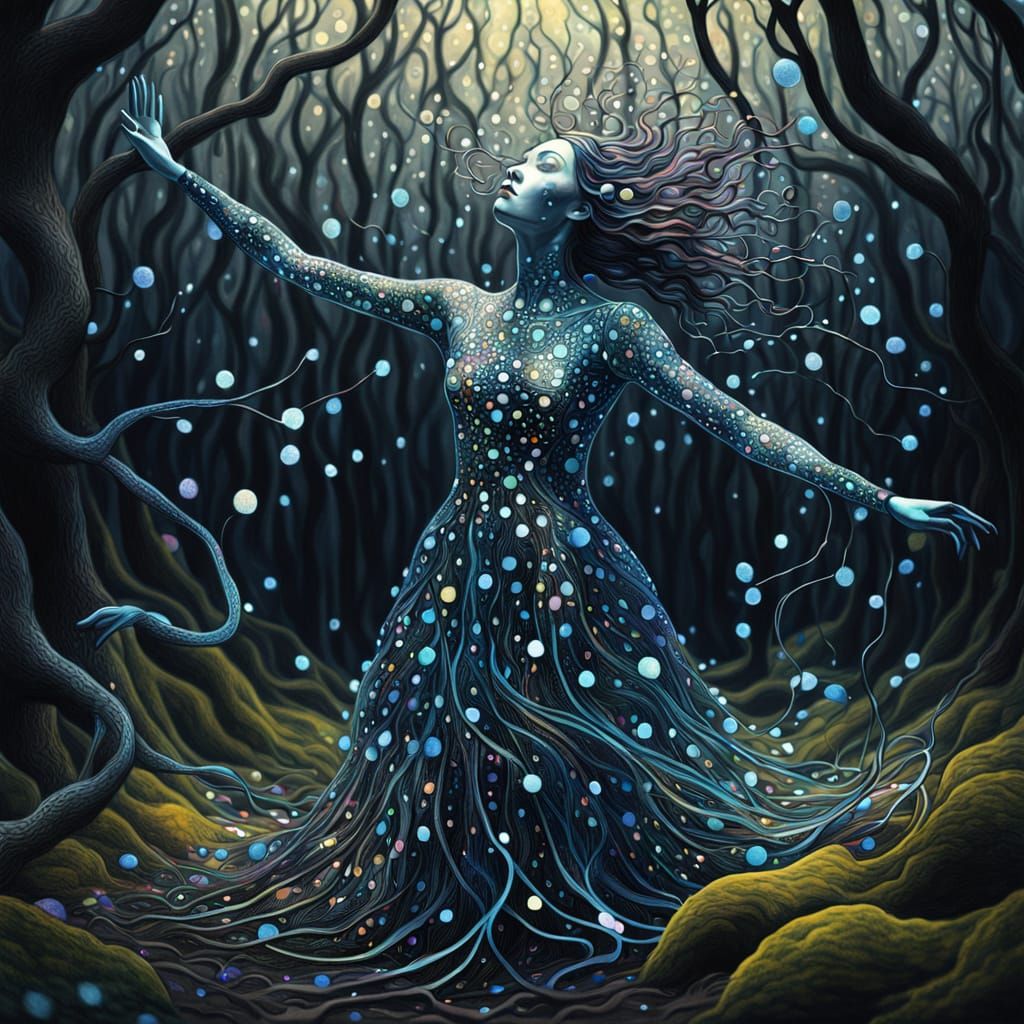 Iridescent Goddess Blooms from Dark Forest in Whimsical Art