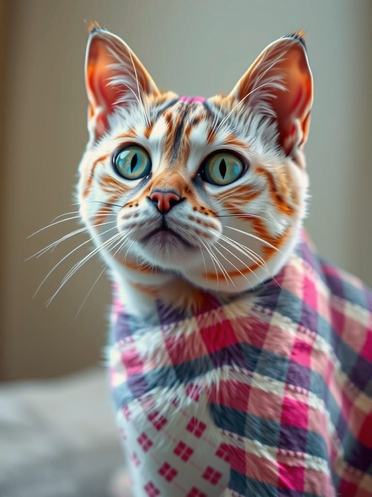 Whimsical Gingham Cat in Realist Style