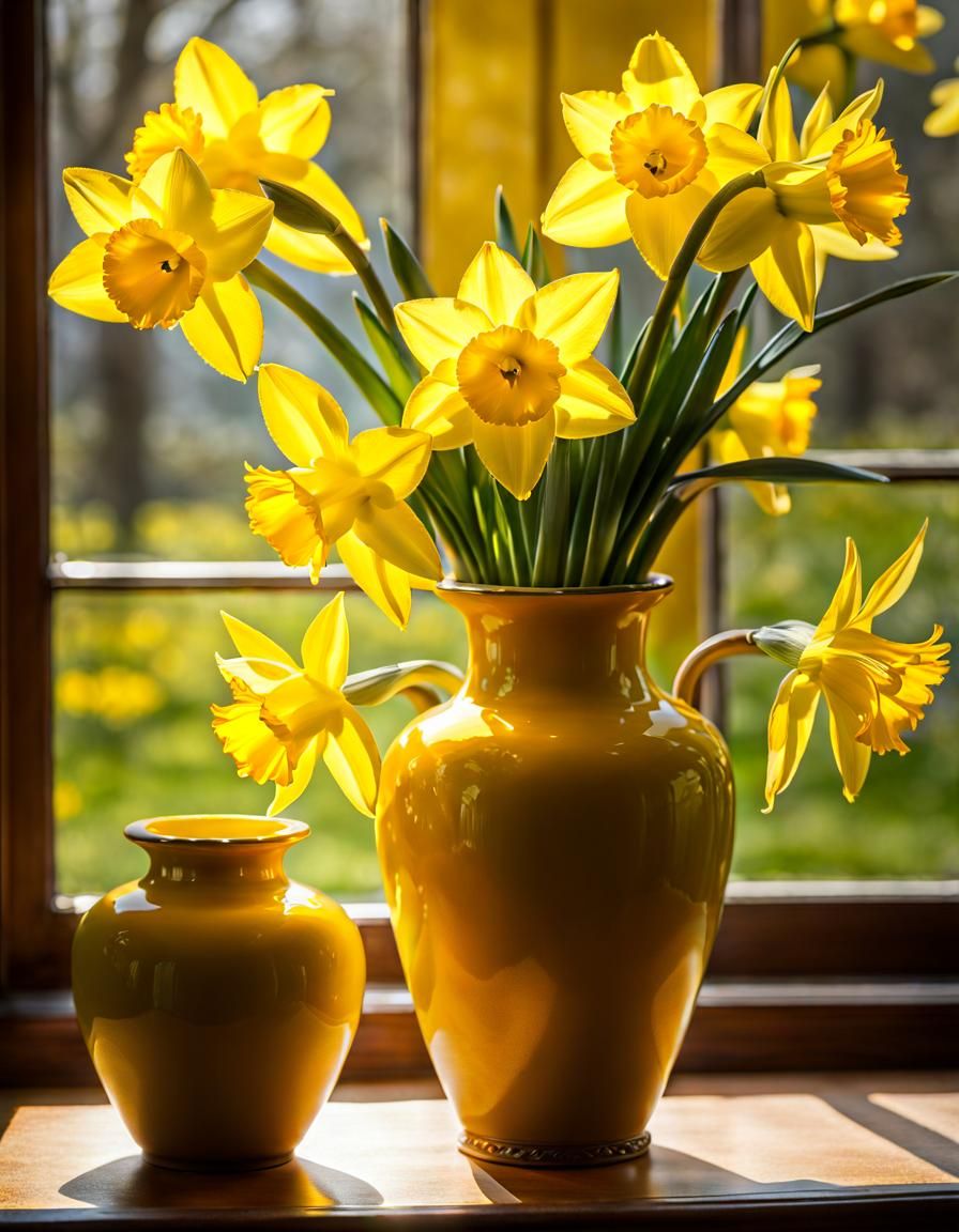 Golden Daffodils in Yellow Ceramic Vase, Hyperrealistic