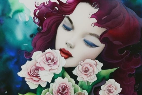 Burgundy Hair with White Roses, Gouache Watercolor
