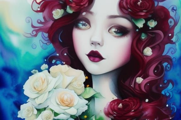 Burgundy Hair with Flowers, Liquid Gouache Painting