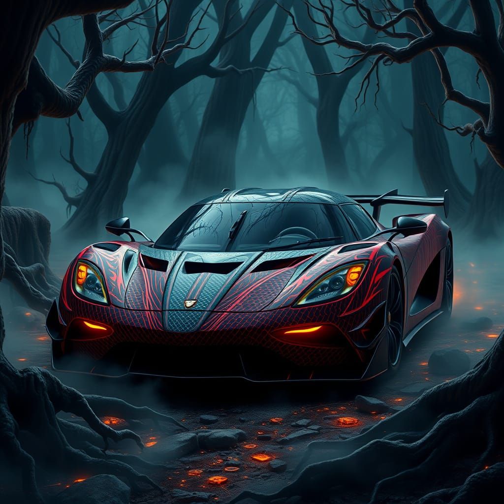 Demonic Koenigsegg Agera in Eerie, Fantastical Forest