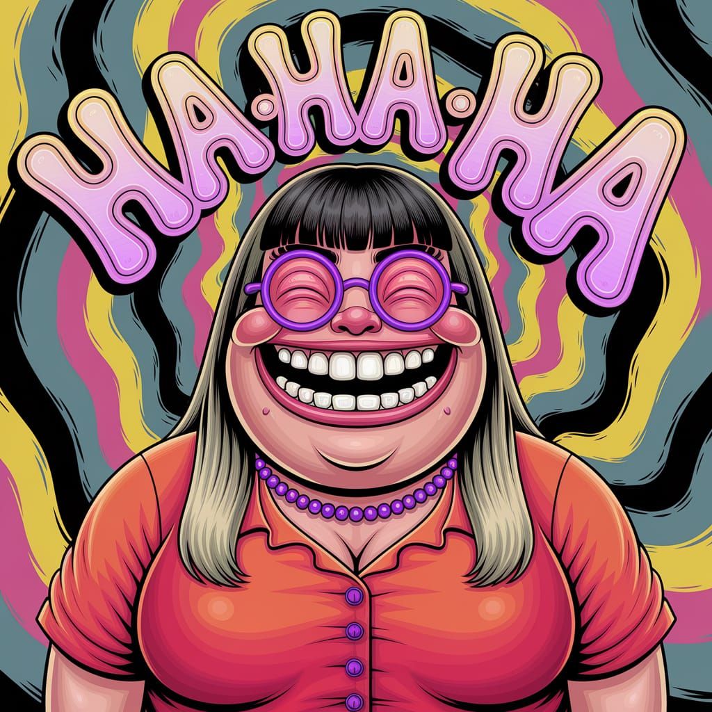 A vibrant, cartoon-style portrait of a chubby woman with long blonde straight hair and bangs, wearing a bright green blo...