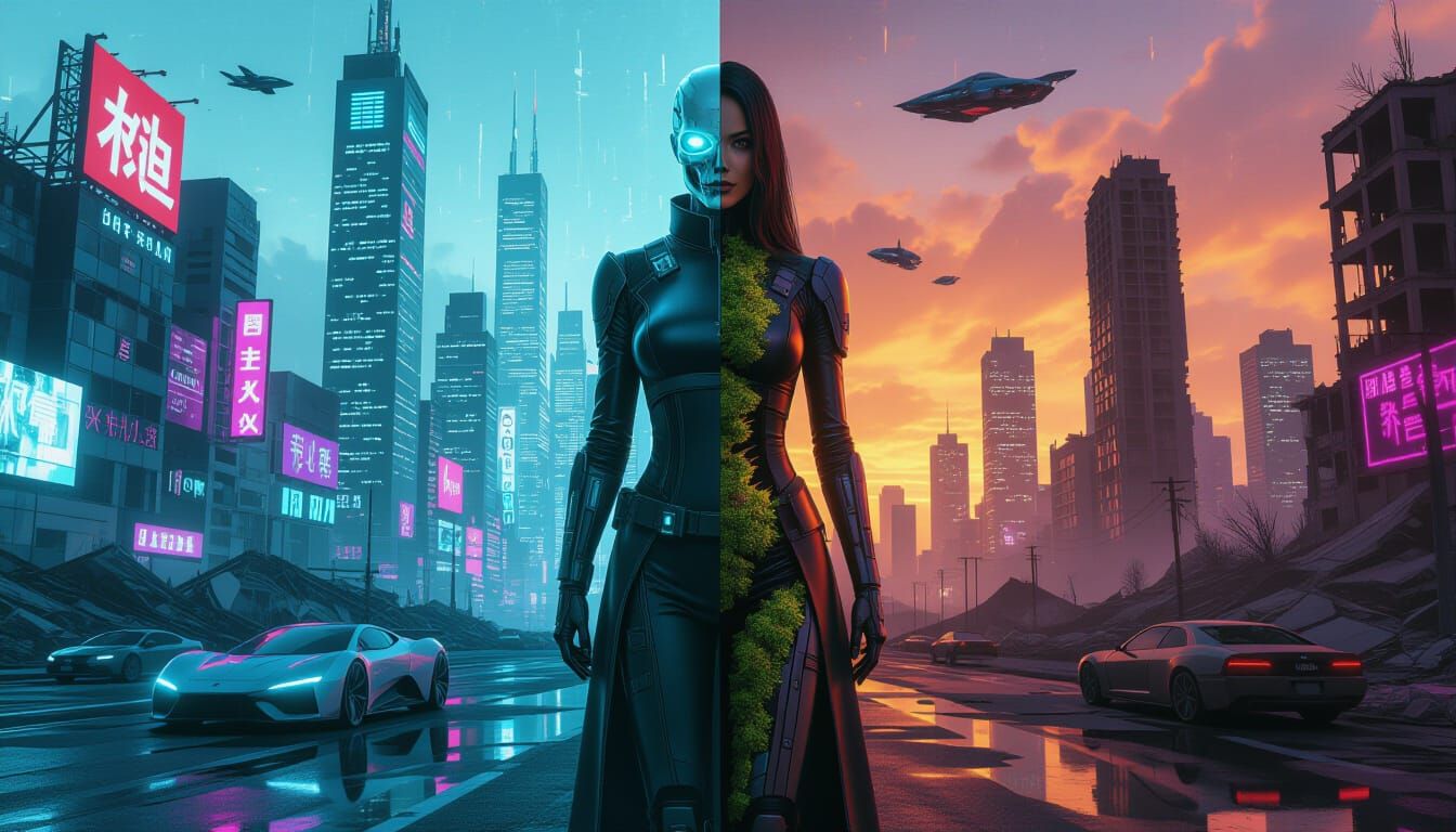 Cyberpunk Duality: Futuristic Metropolis Meets Post-Apocalyp...