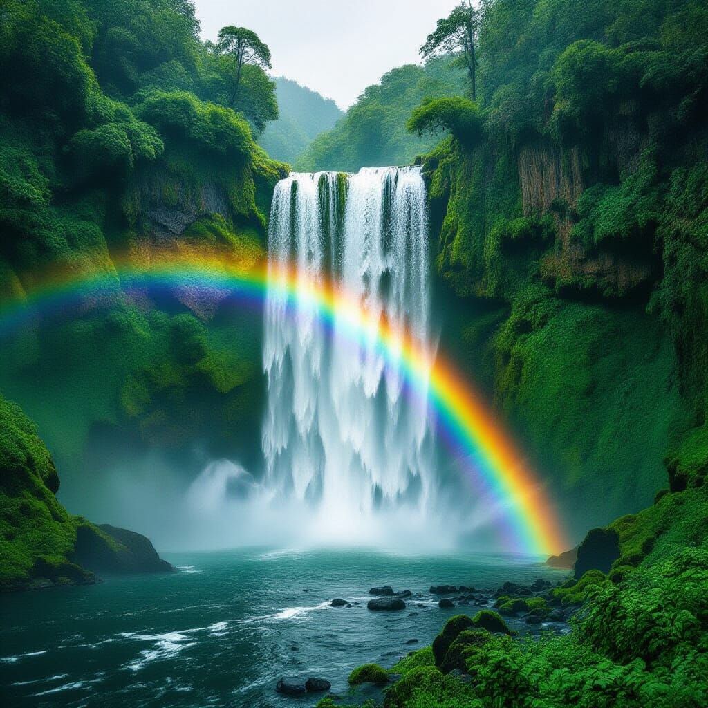Liquid Rainbow Waterfall on Emerald Cliff with Glowing Mist