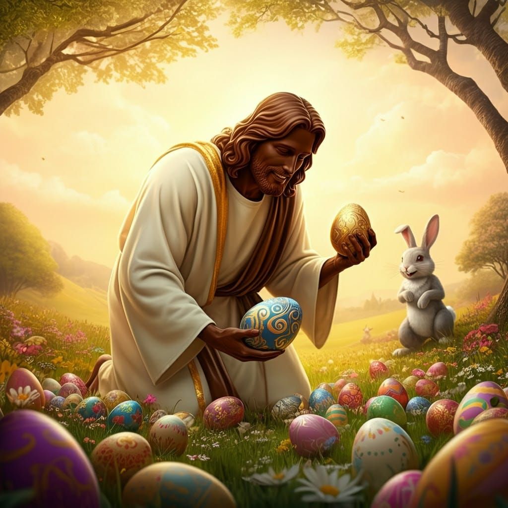 Chocolate Jesus delivers the Eggs to the Easter Bunny