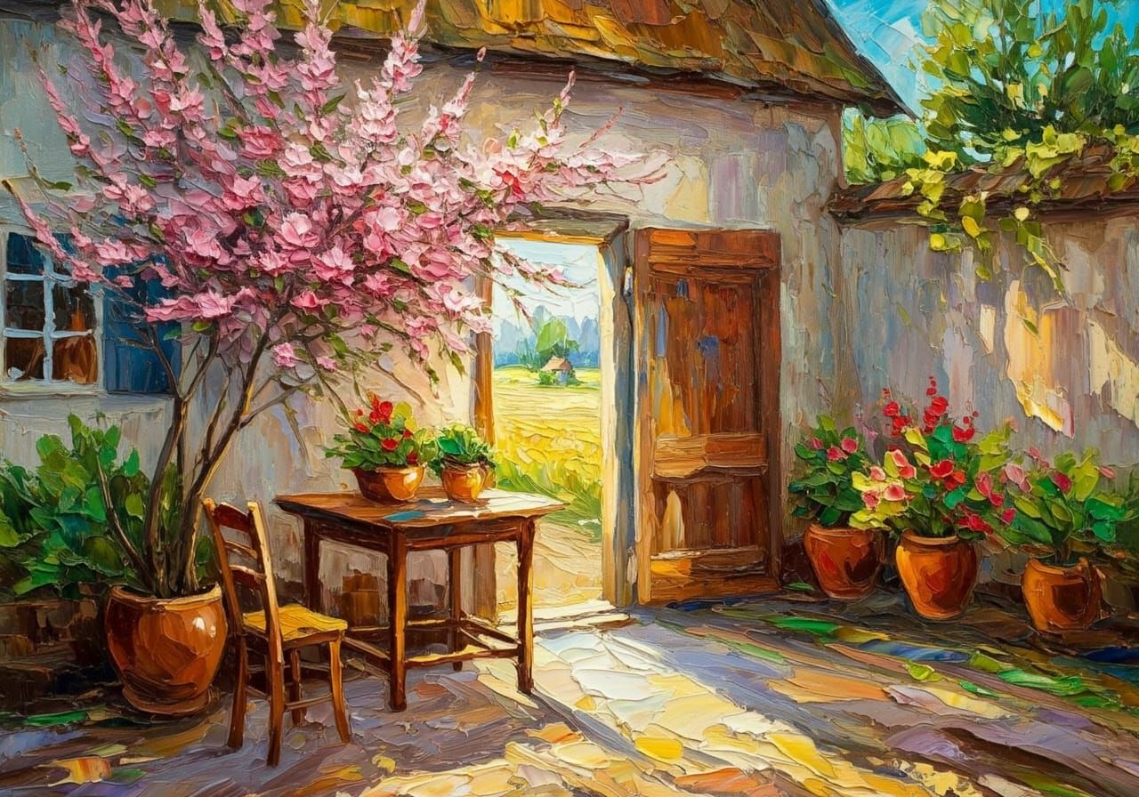 Warm Impasto Painting of a Peaceful Rural Courtyard