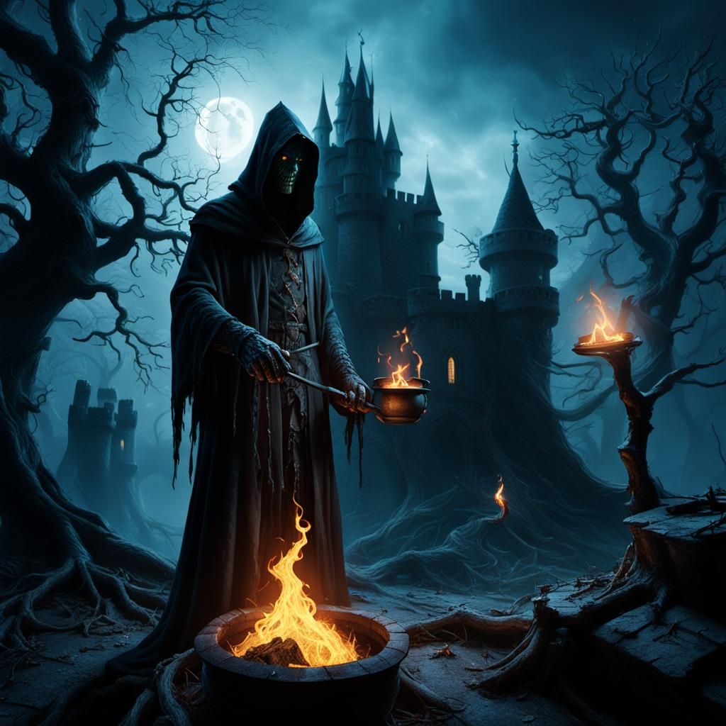 Hooded Figure and Cauldron in Dark Fantasy Scene
