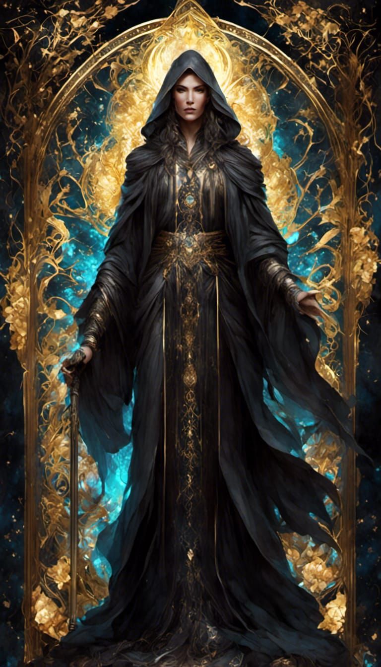 Dark Fantasy Jedi Master Tarot Card in Art Nouveau Style