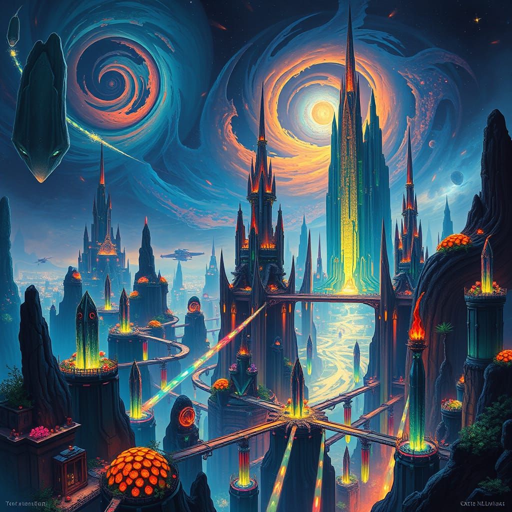 Vibrant Alien Cityscape Under Nebulae Sky