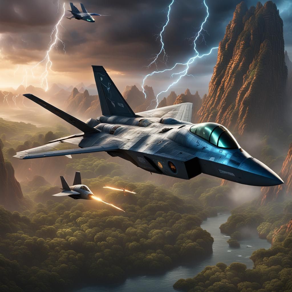 F-22 Flies Over Prehistoric Lightning Dinosaurs