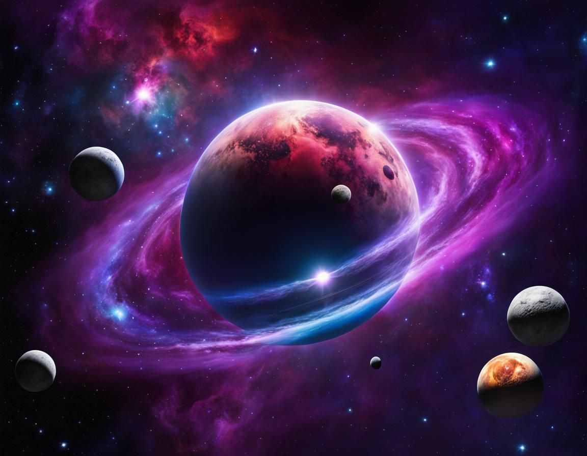 universe hyper realist mix  orion  nebula with too moons  an...