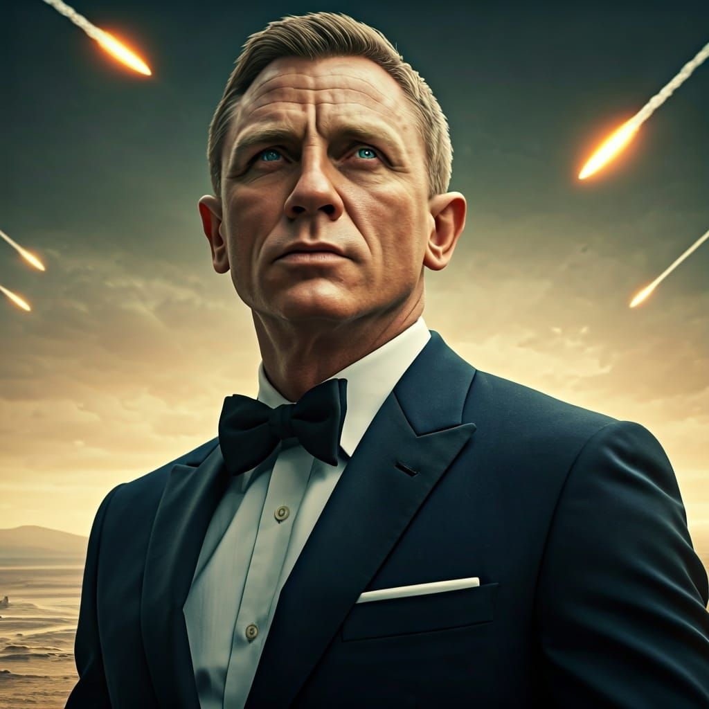James Bond on Island Gazes at Rockets, Photorealistic Style