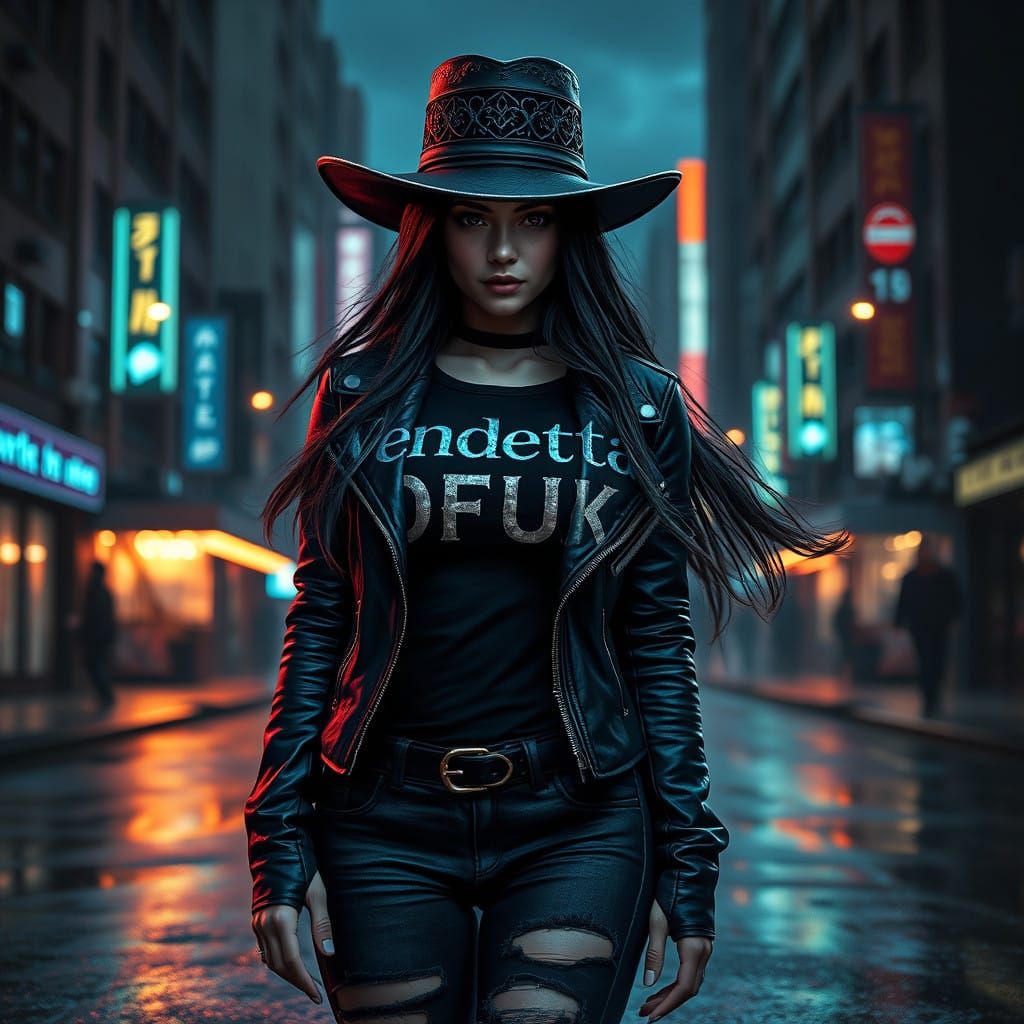 Heroic Woman in Urban Cityscape with Vendetta Hat