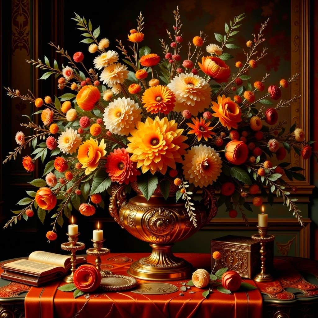 Baroque Floral Bouquet Oil Painting with Gold Accents