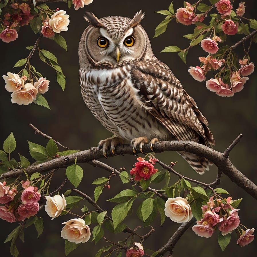 Ornate Owl on Floral Branch in Steampunk Style