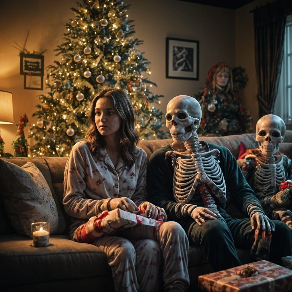 Realistic Family of Skeletons Enjoy Christmas Morning in Coz...