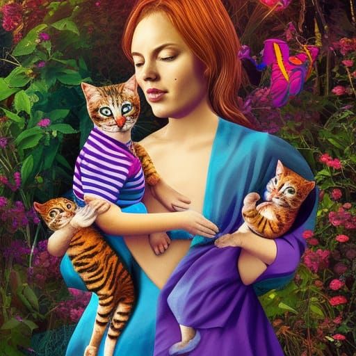 Cat-Human Mother and Babies in Cosmic Garden