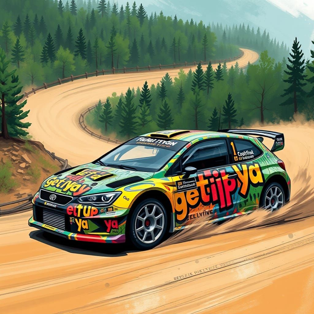 Rally car wrapped in "get it up ya" artwork