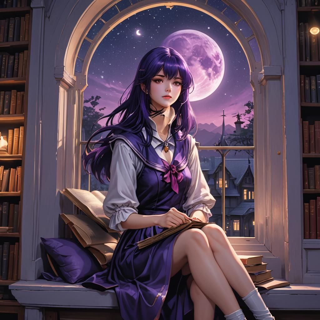 Beautiful young woman with shoulder-length purple hair and v...