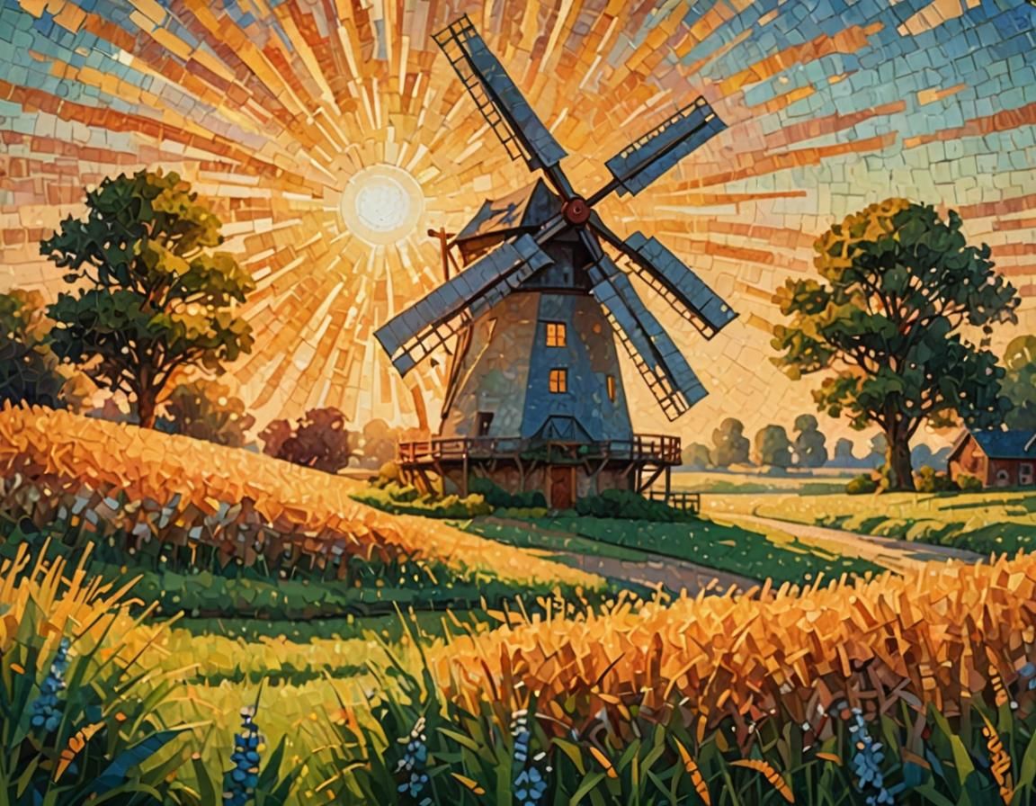 Pointillist Windmill in Sun-Drenched Meadow