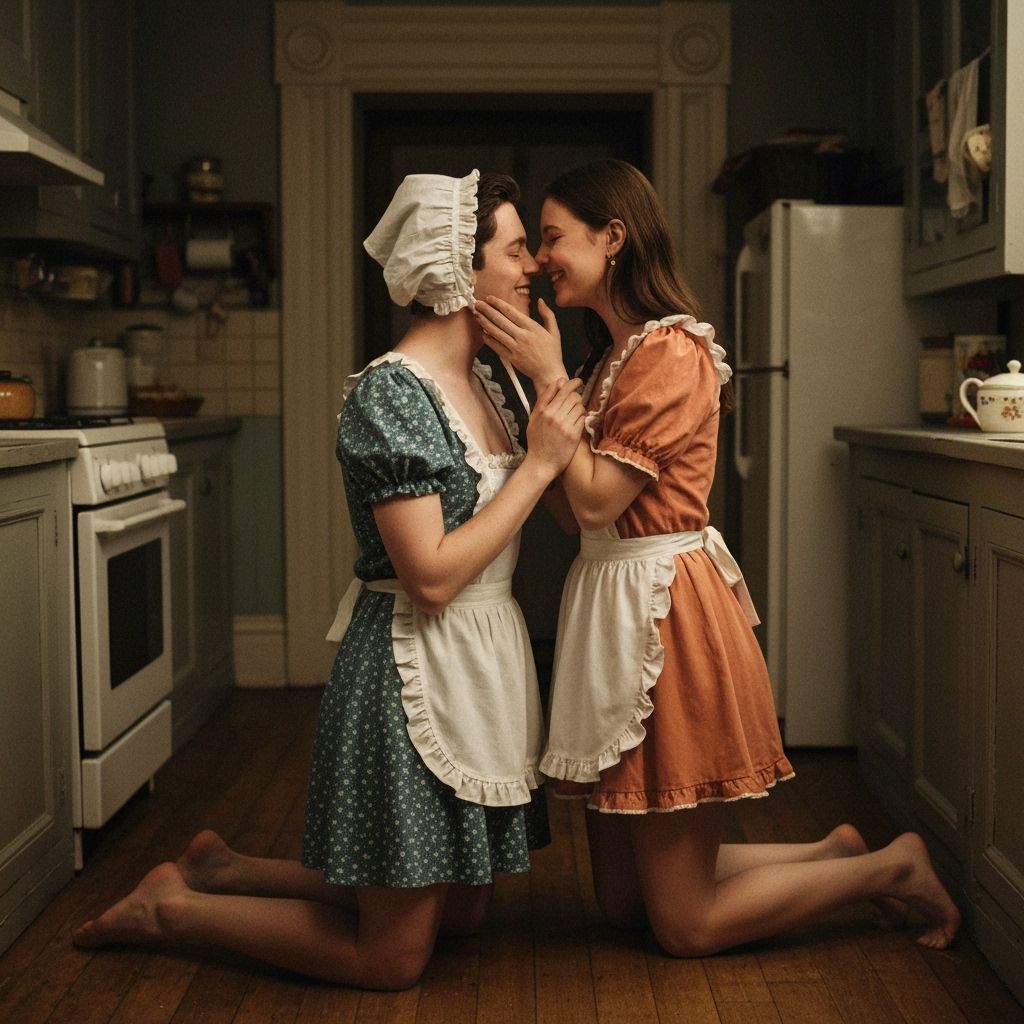 Crossdressing Young Man Kneels Kissing Woman in Vintage Kitc...
