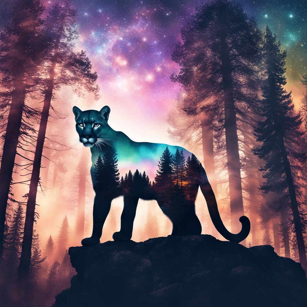 Mountain Lion Double Exposure Astral Illustration