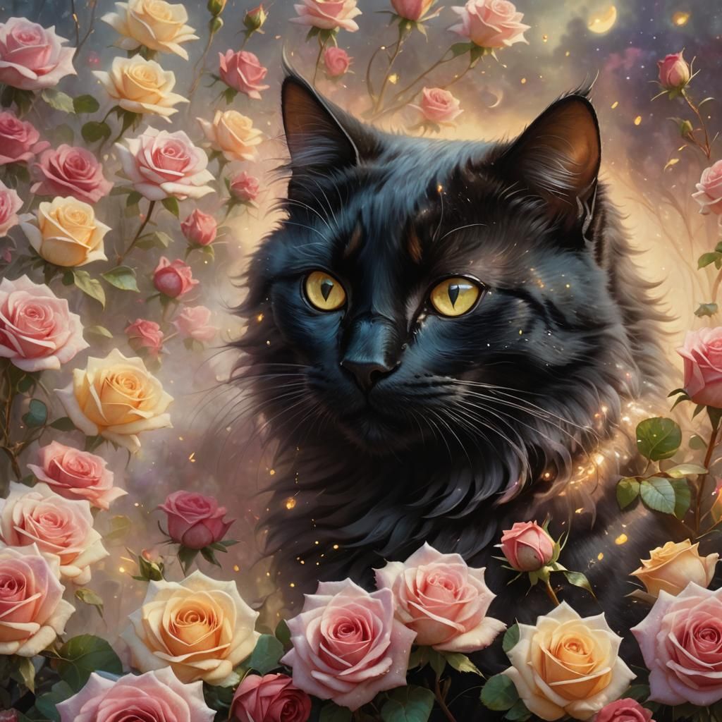 Black Cat on Roses: Ethereal Fantasy Art
