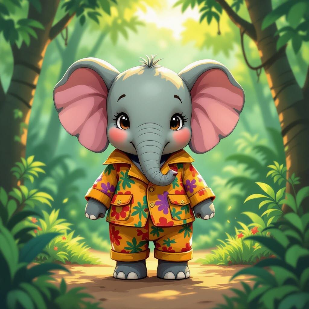 Elephant in Safari Outfit, Jungle Scene, in Contemporary Sty...