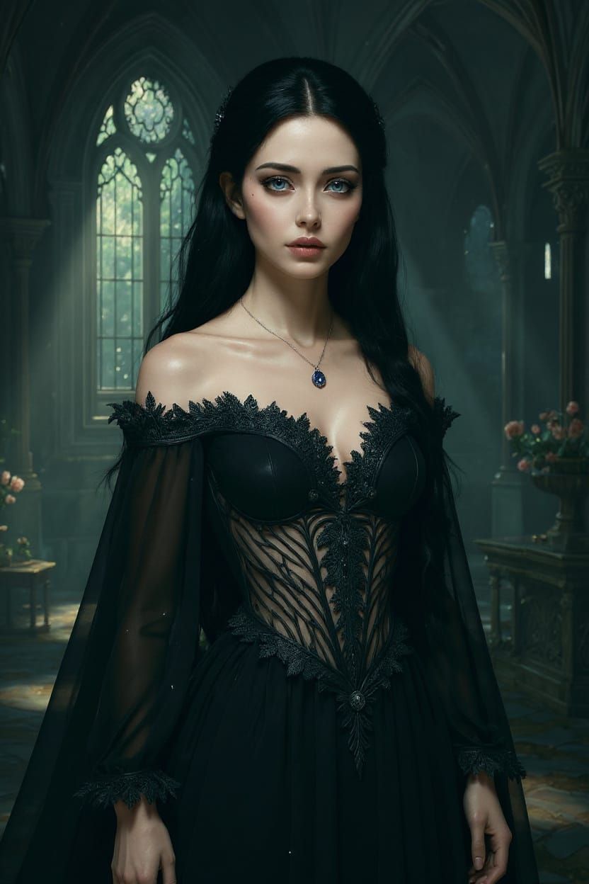Enchanting Sorceress in Gothic Hall as Fantasy Portrait
