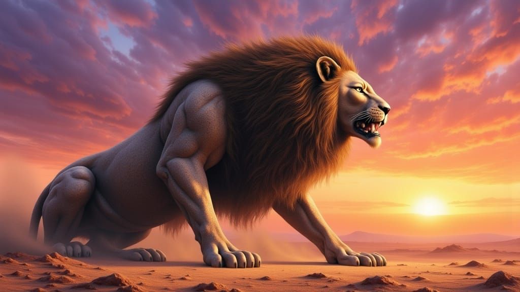 Colossal Stone Lioness in Gobi Desert Sunset