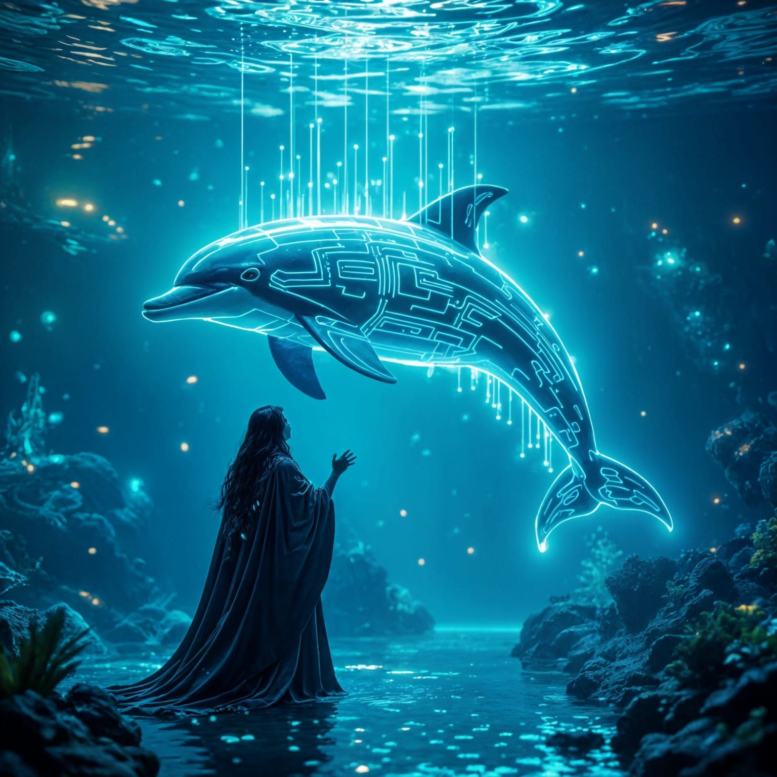 Futuristic Druid's Digital Dolphin Transformation