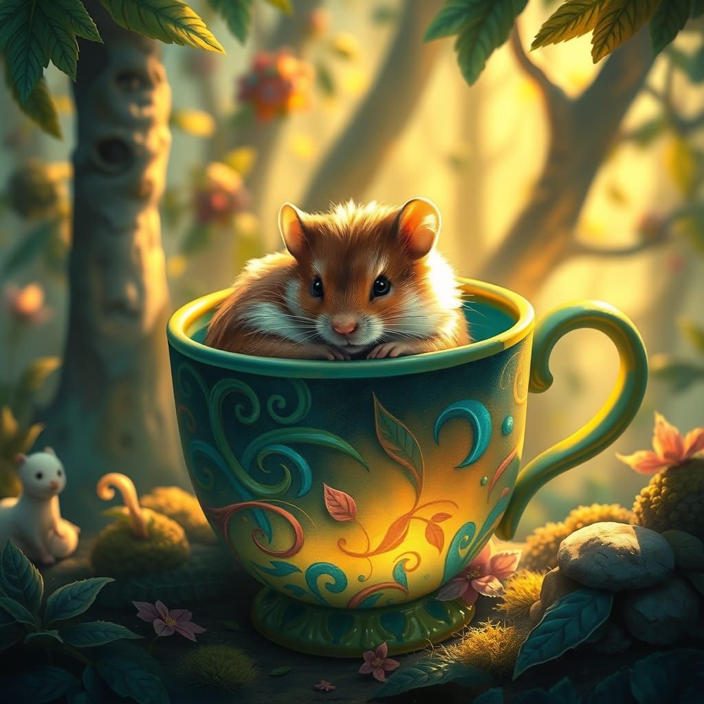Whimsical Hamster in a Hand-Painted Cup Amidst Enchanted For...