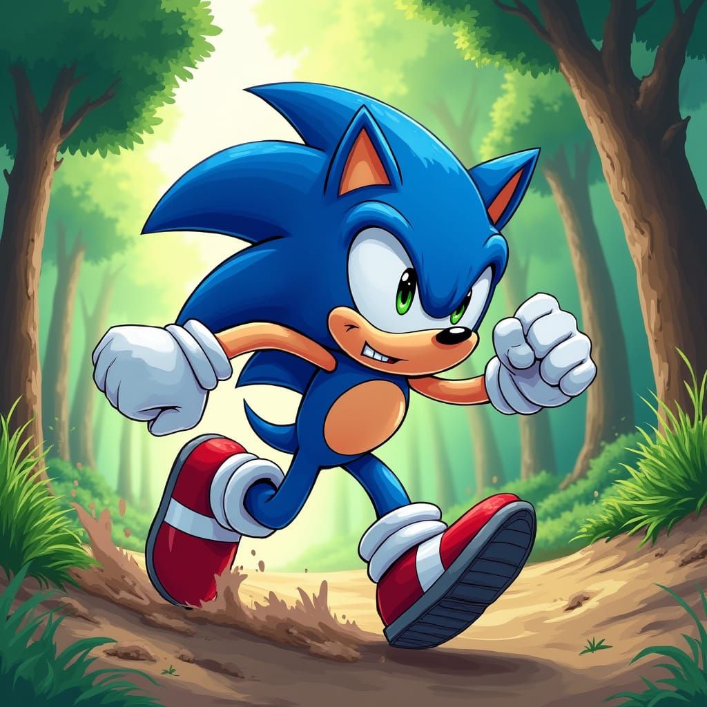 Vibrant Cartoon Sonic Running in Lush Forest