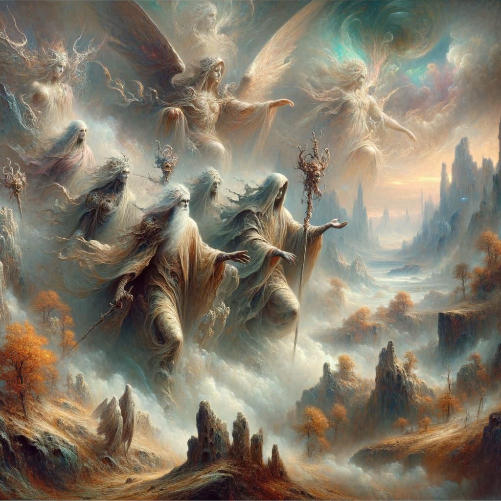 Guardian Spirits March Forward in Mystical Foggy Landscape