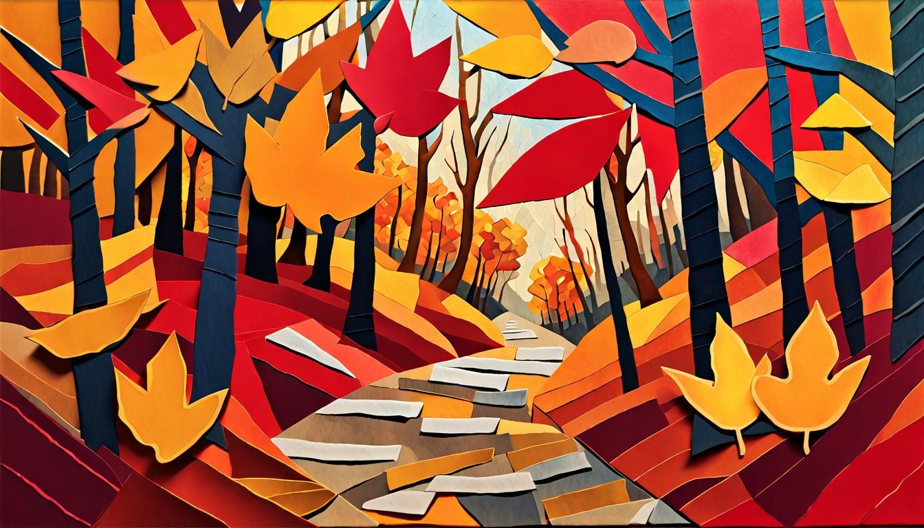 Autumn Forest Path in Vibrant Paper Collage Cubism
